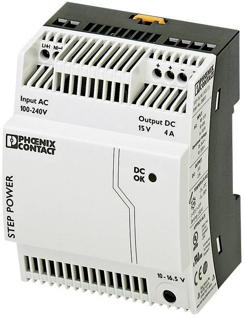 Un alimentatore switching di Phoenix Contact, modello STEP POWER, per ingresso AC 100-240V e uscita DC 15V 4A, idoneo per l'alimentazione elettrica.