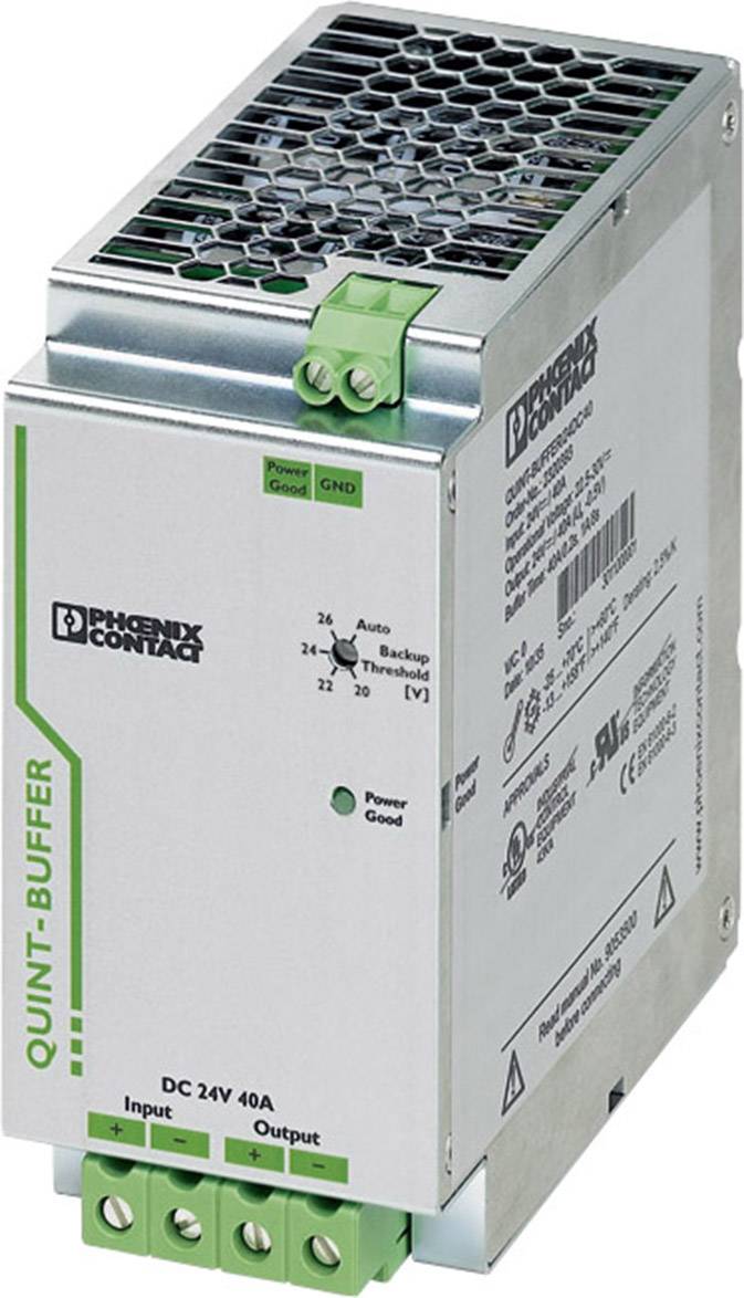 Alimentatore di Phoenix Contact, modello QUINT-BUFFER DC 24V 40A. Dispone di connettori di ingresso e uscita e un'indicazione LED.
