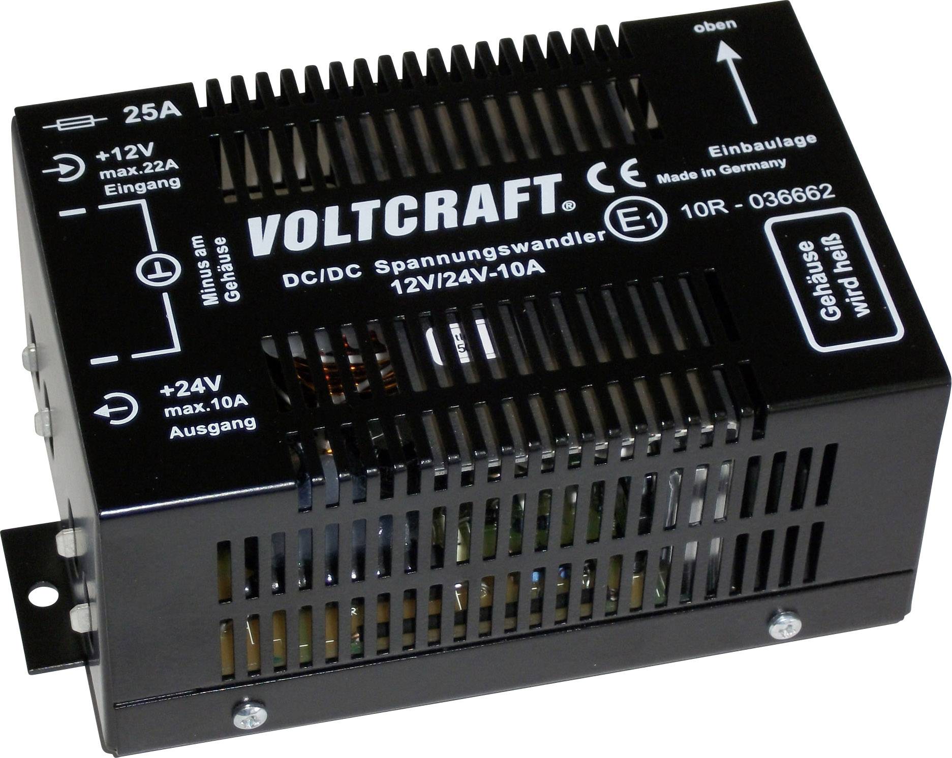 Convertitore di tensione Voltcraft, modello 12V/24V-10A. Custodia nera con fessure di ventilazione. Ingressi e uscite contrassegnati.