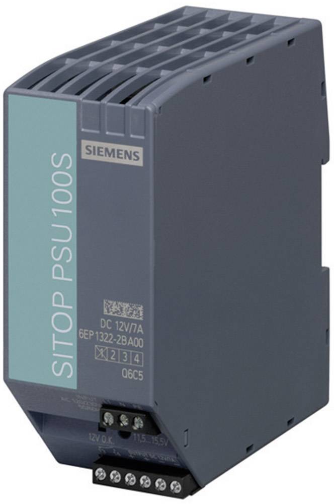 Un modulo di alimentazione grigio Siemens SITOP PSU100S con specifiche sul lato frontale; eroga una tensione di uscita DC di 12V/4A.