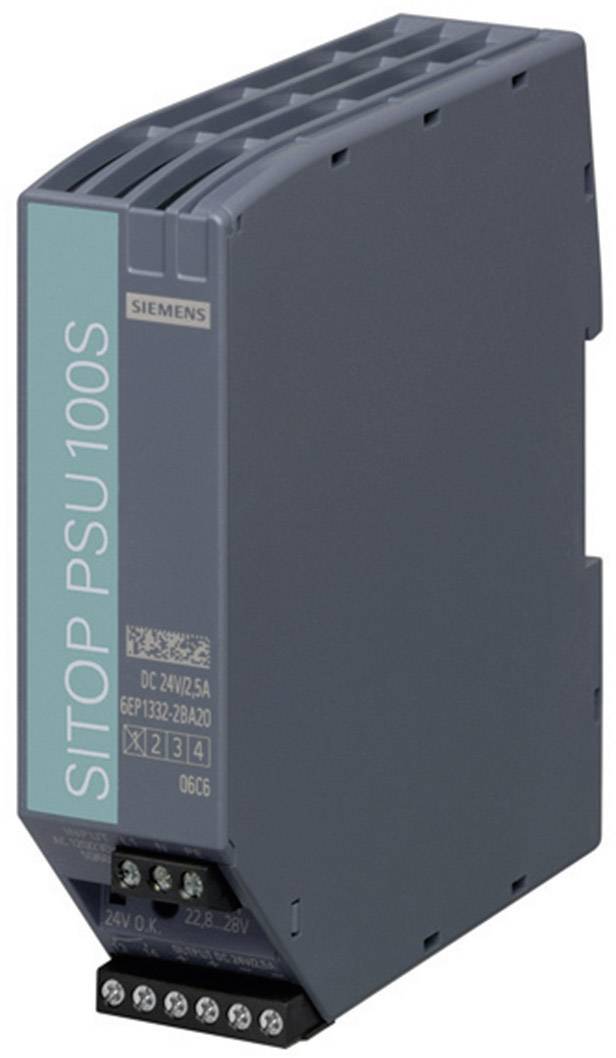 'Siemens SITOP PSU100S', un alimentatore grigio rettangolare con etichettatura blu. Offre un'uscita DC 24V/2,5A.