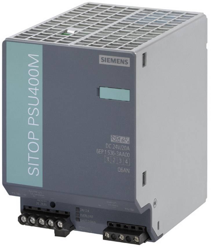 Un dispositivo di alimentazione grigio Siemens SITOP PSU400M con etichettatura laterale verde. Eroga 24V DC a 20A. Essenziale per applicazioni industriali.