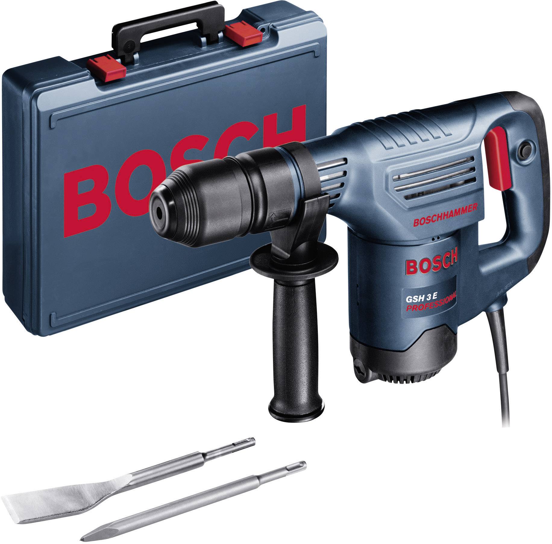 Martello demolitore Bosch Hammer GSH 3 E raffigurato con un robustissimo valigetta rigida blu e due punte, idoneo per applicazioni professionali.