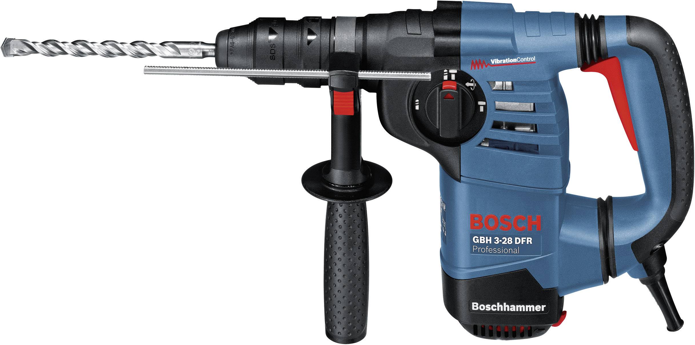 Un martello perforatore Bosch blu con impugnatura nera e un lungo trapano. Numero modello: GBH 3-28 DFR Professional.