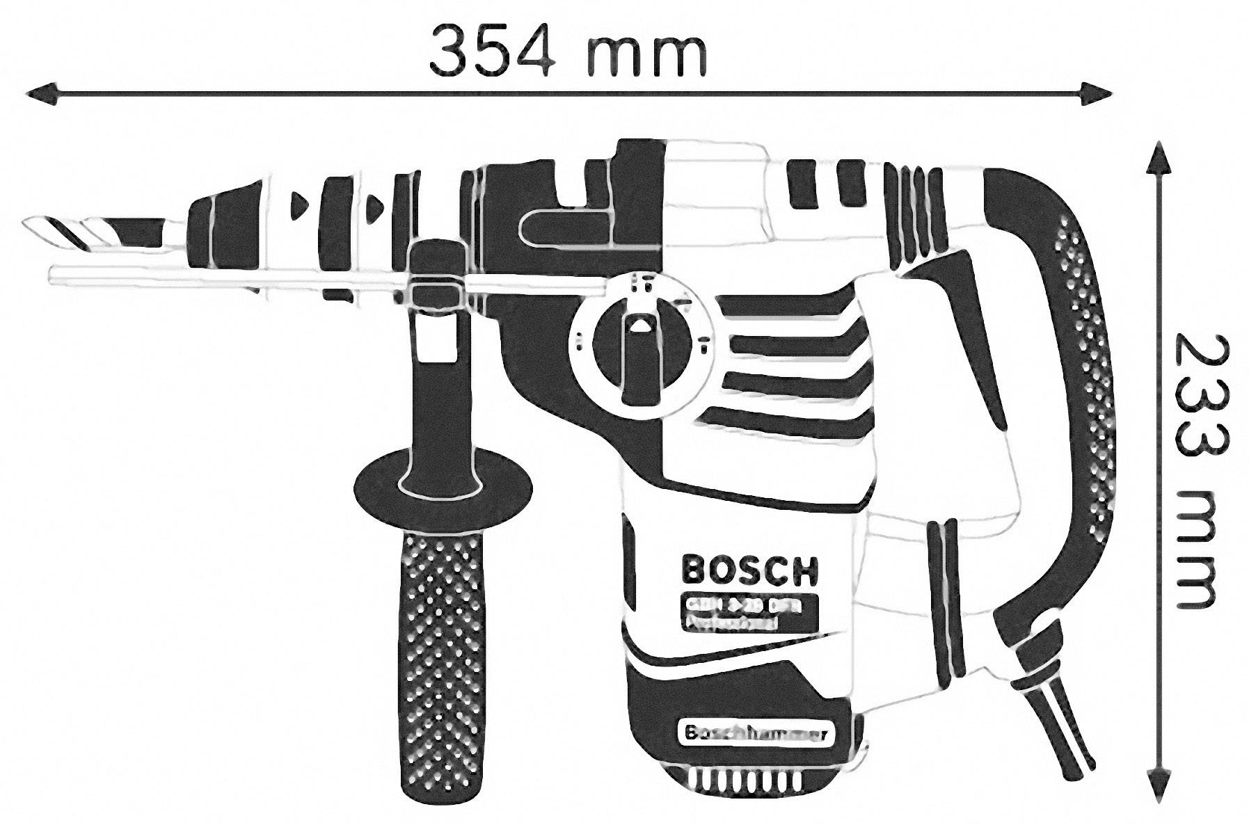 Martello perforatore Bosch con impugnatura laterale, lungo 354 mm e alto 233 mm.