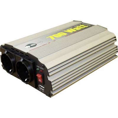 Convertitore di tensione argentato con due prese elettriche, interruttore, porta USB e la scritta '700 Watt' sulla parte superiore.