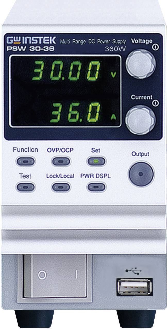 Un alimentatore DC digitale mostra '30.00 V' per la tensione e '36.0 A' per la corrente. Funzioni: OVP/OCP, Lock/Local, PWR DSPL.