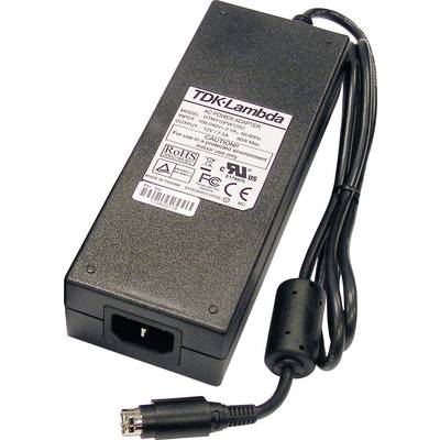 Alimentatore nero, marca TDK-Lambda, con cavo e spina. L'etichetta mostra specifiche tecniche e loghi di certificazione.