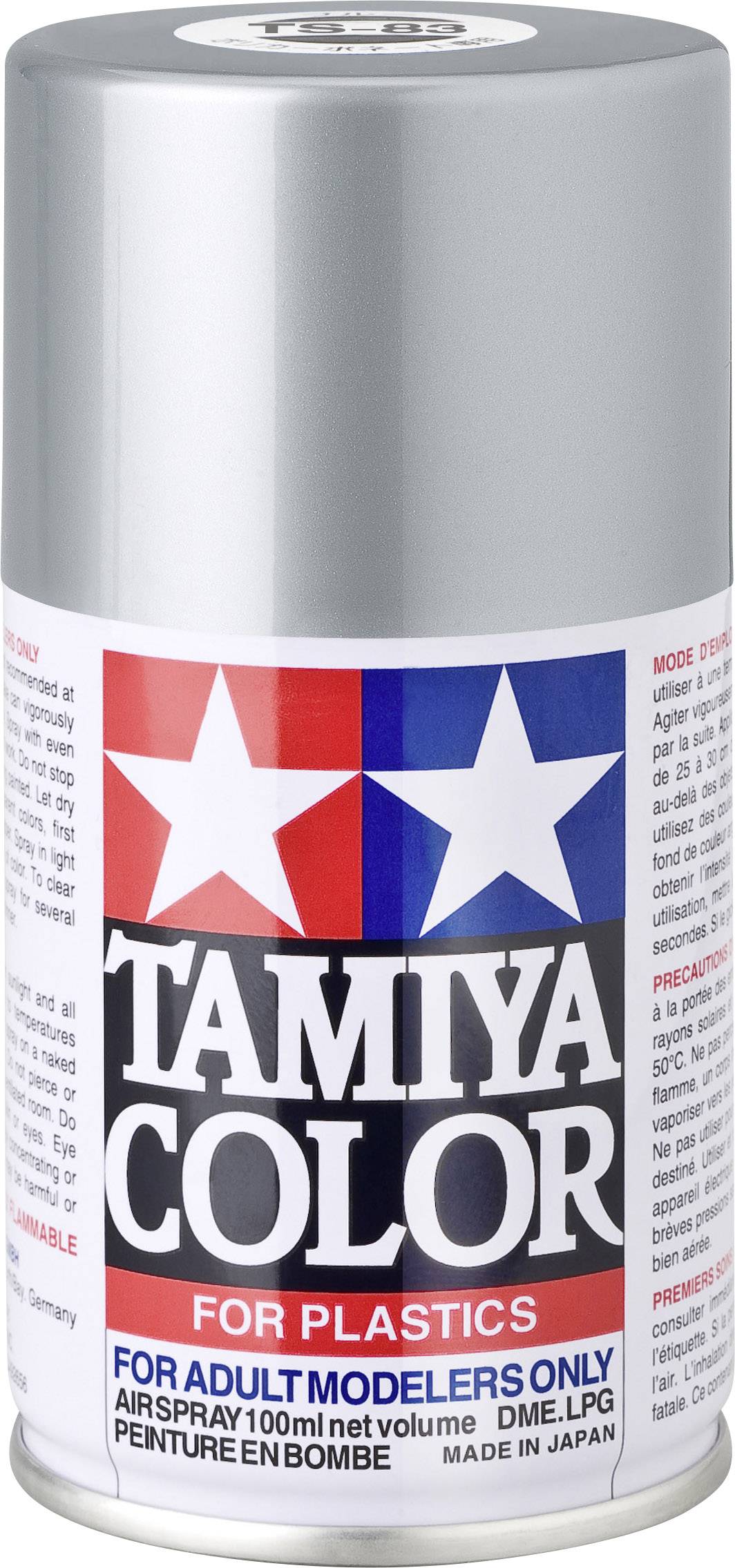 Bomboletta spray con vernice argento, etichetta riporta 'Tamiya Color for Plastics', per modellisti adulti.