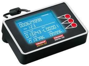 Dispositivo di controllo digitale per pista con display blu e logo Carrera rosso. Mostra i tempi dei giri.