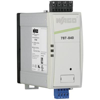 Un dispositivo elettronico WAGO, modello 787-840, per l'alimentazione elettrica con più connessioni e informazioni tecniche sulla pagina.