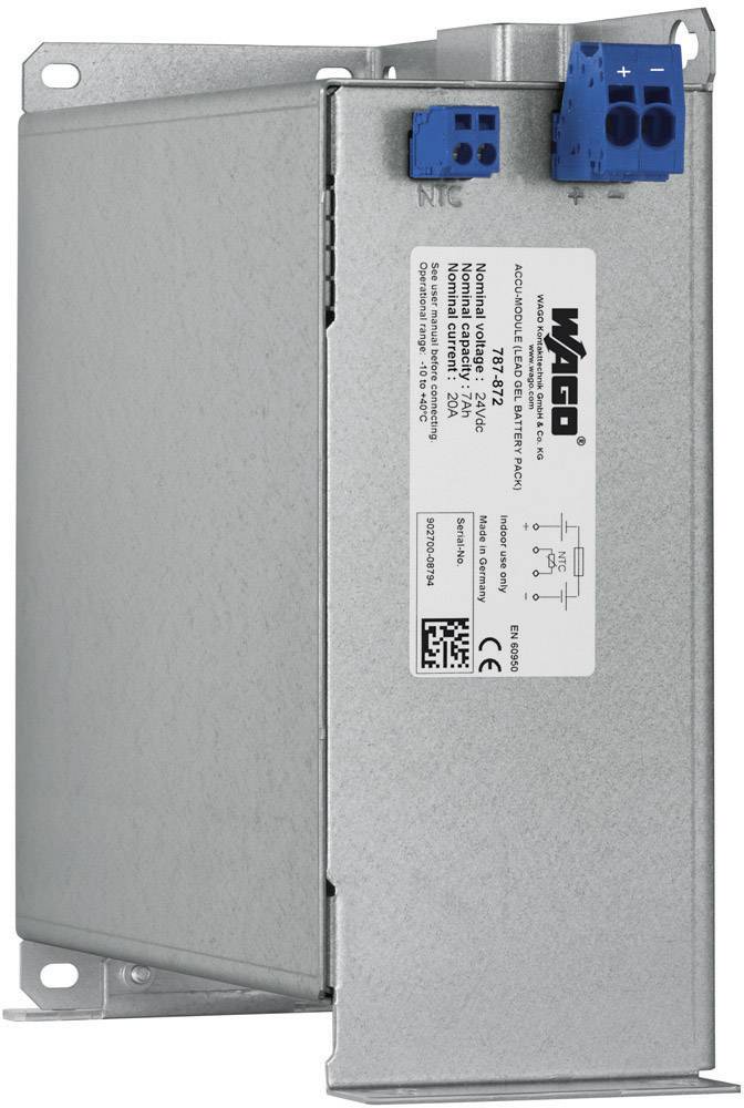 Modulo elettronico metallico con logo 'WAGO'. Presenta etichettatura e codice QR. Due connettori blu in alto a destra.