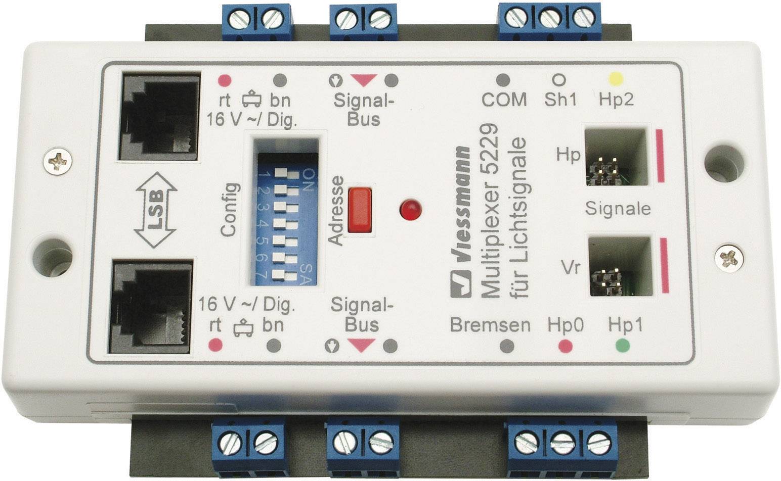 'JUMICplexer 5229 per segnali luminosi' di Viessmann con morsetti di connessione e indicatori LED per freni, segnali e altro.