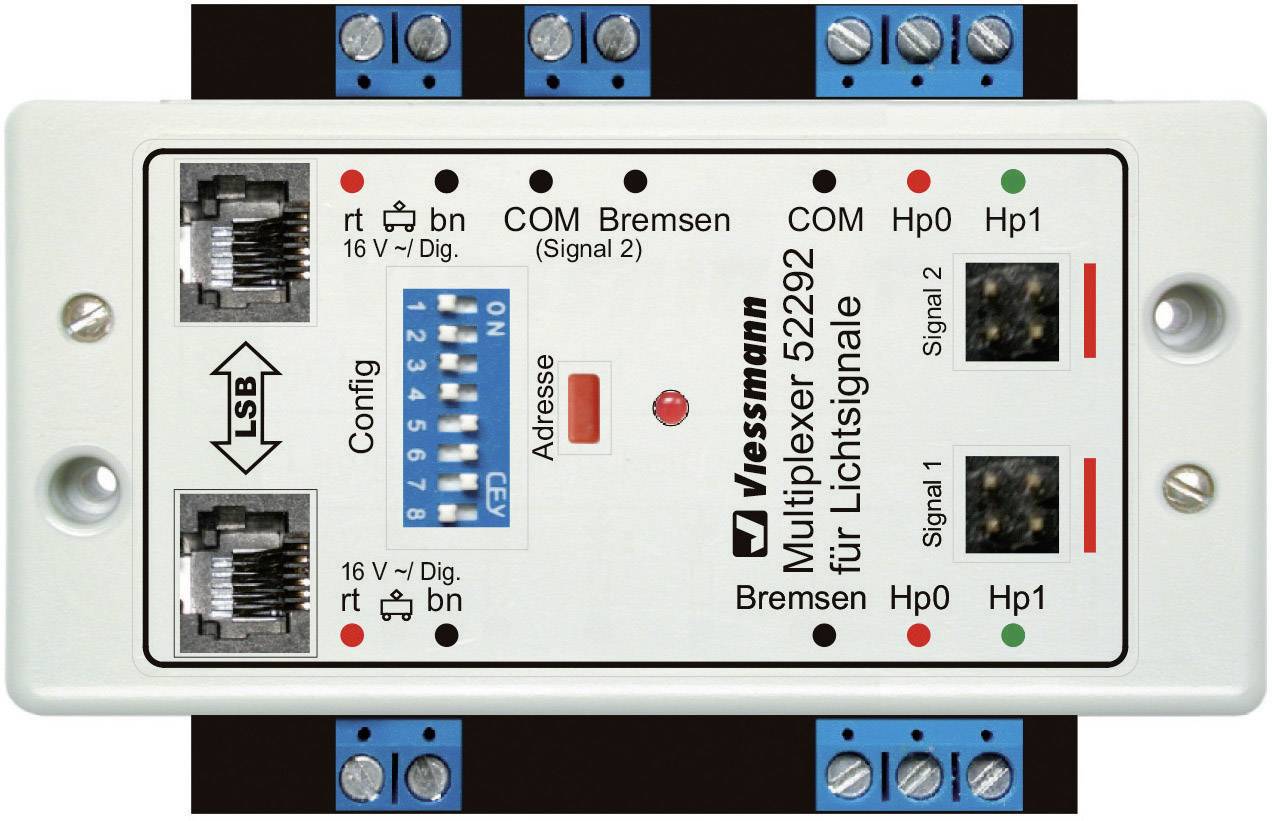 Multiplexer elettrico Viessmann, modello 5292, per il controllo di segnali luminosi; mostra configurazione e connessioni.
