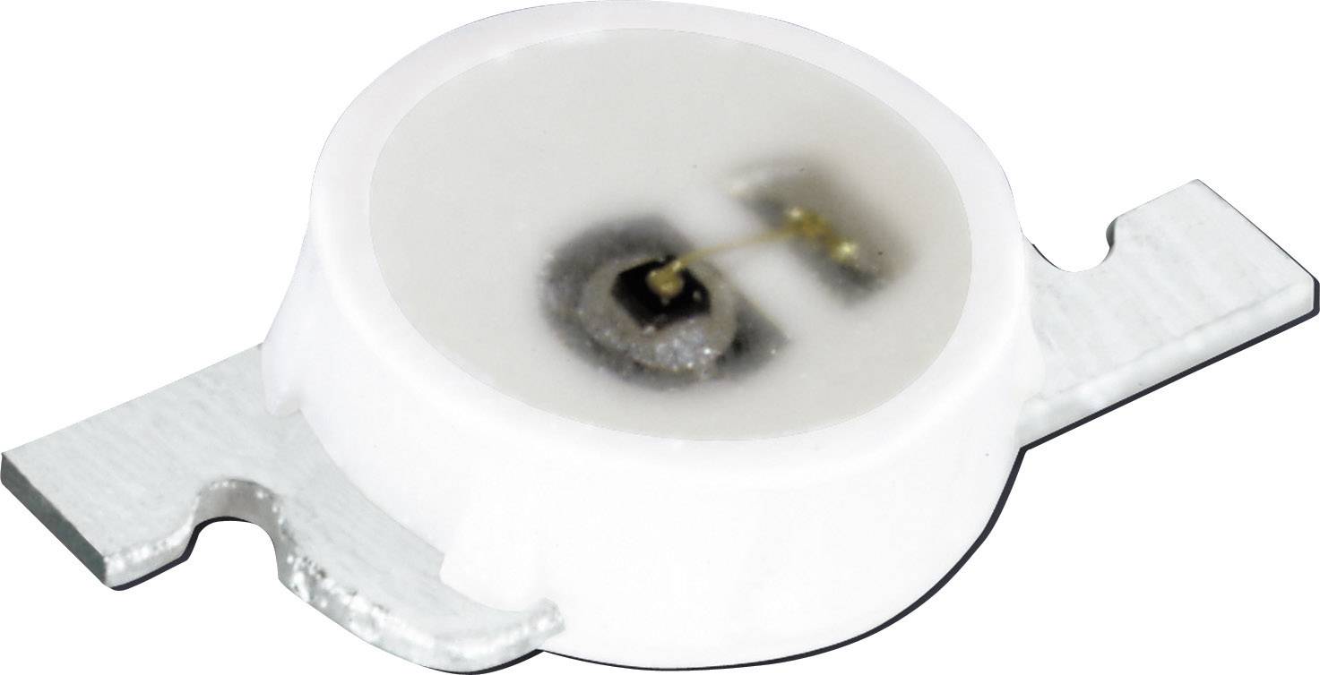 Un componente LED bianco con due connettori metallici, adagiato su una superficie.
