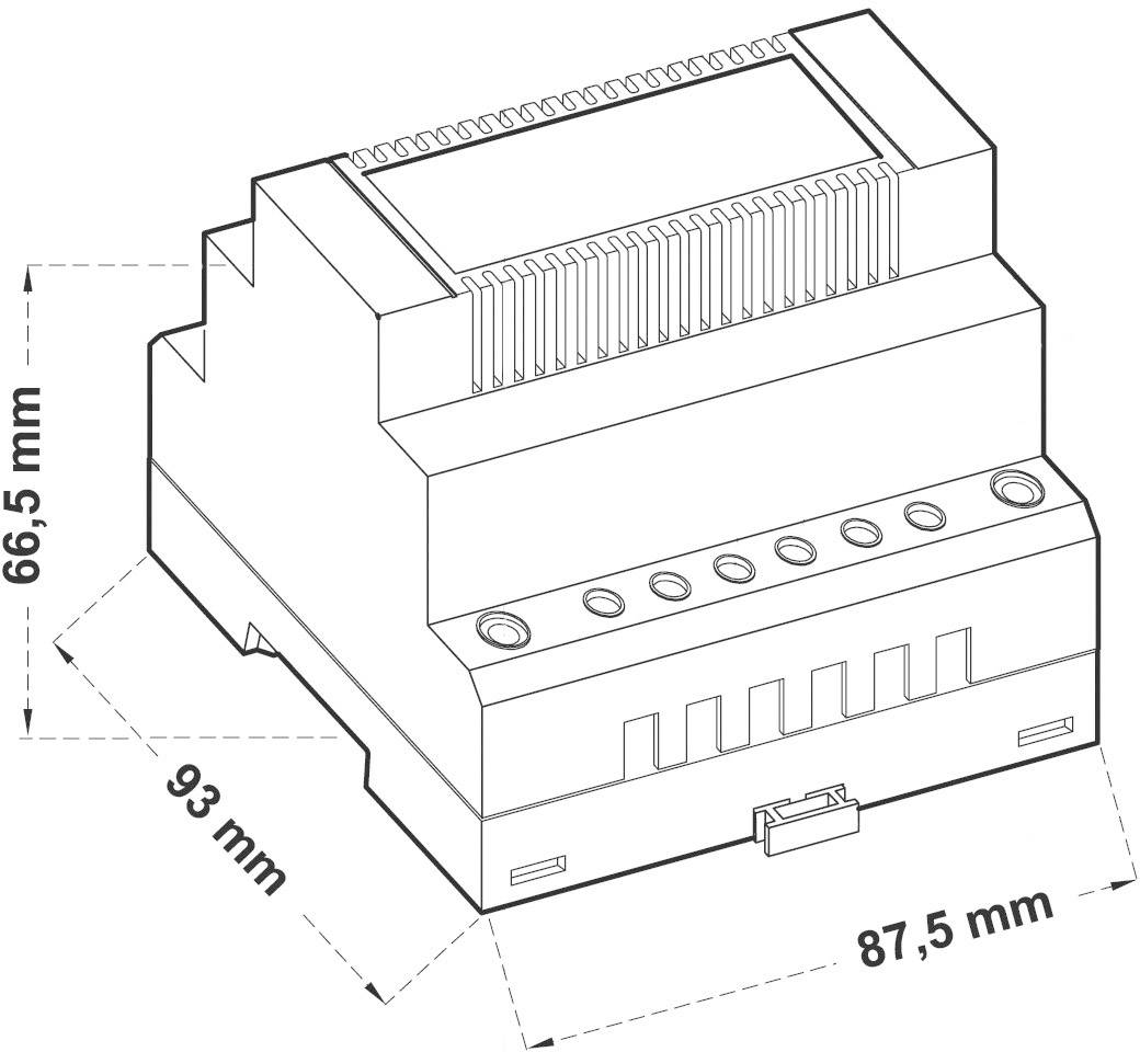 Dimensioni di un dispositivo elettrico multilivello: altezza 66,5 mm, larghezza 87,5 mm, profondità 93 mm. Diagramma con dettagli tecnici.