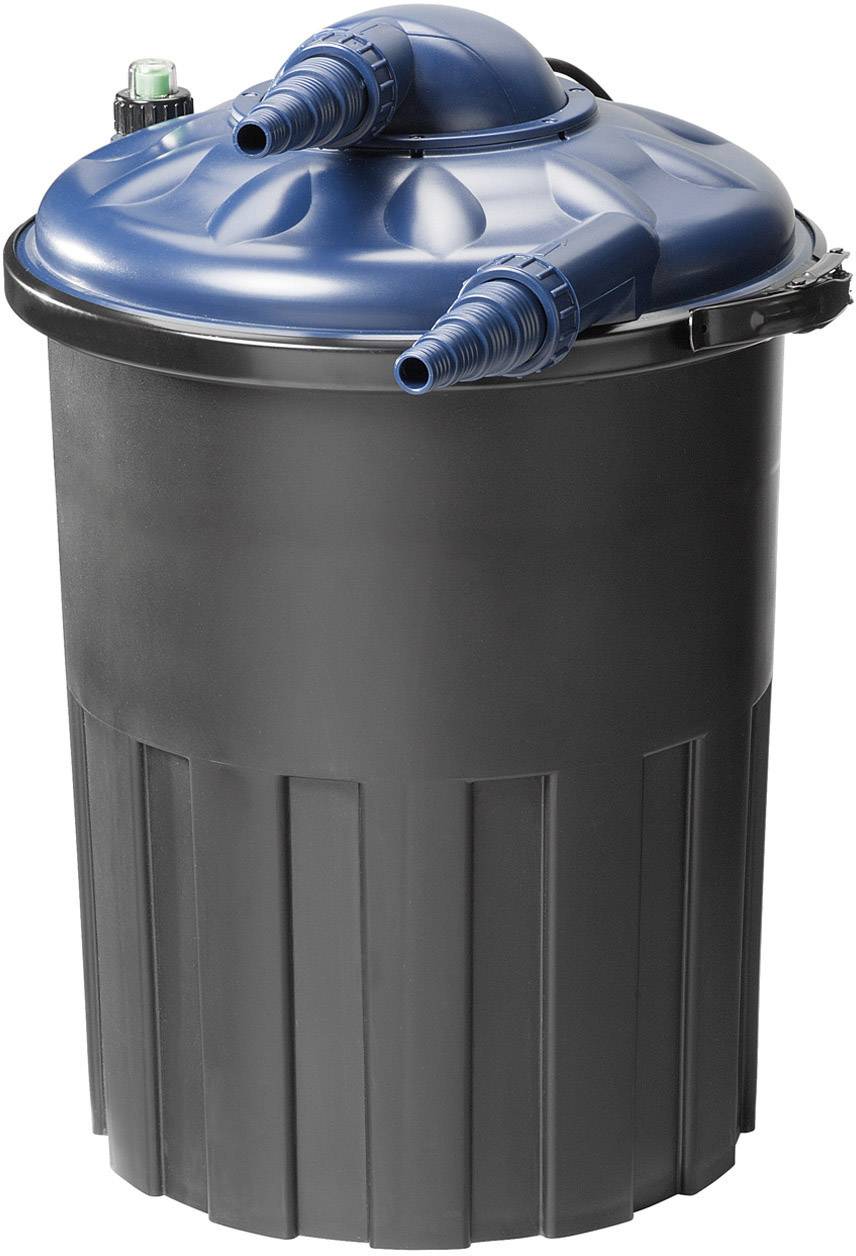 Un filtro nero cilindrico con coperchio blu e due attacchi, probabilmente per uno stagno o una piscina.
