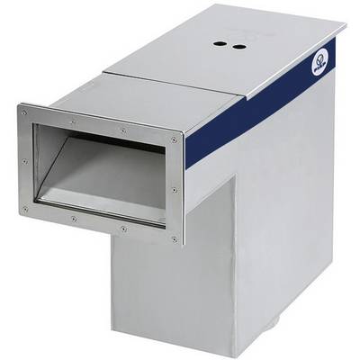Uscita industriale in metallo per aria con apertura rettangolare in acciaio inossidabile. Adatta per sistemi di ventilazione o estrazione.