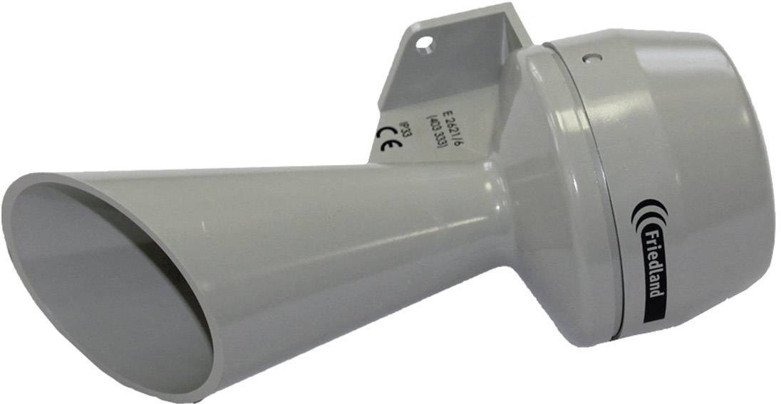 Altoparlante grigio in plastica con base di montaggio collegata. Nome del produttore 'Friedland' sul lato. Adatto per aree esterne.