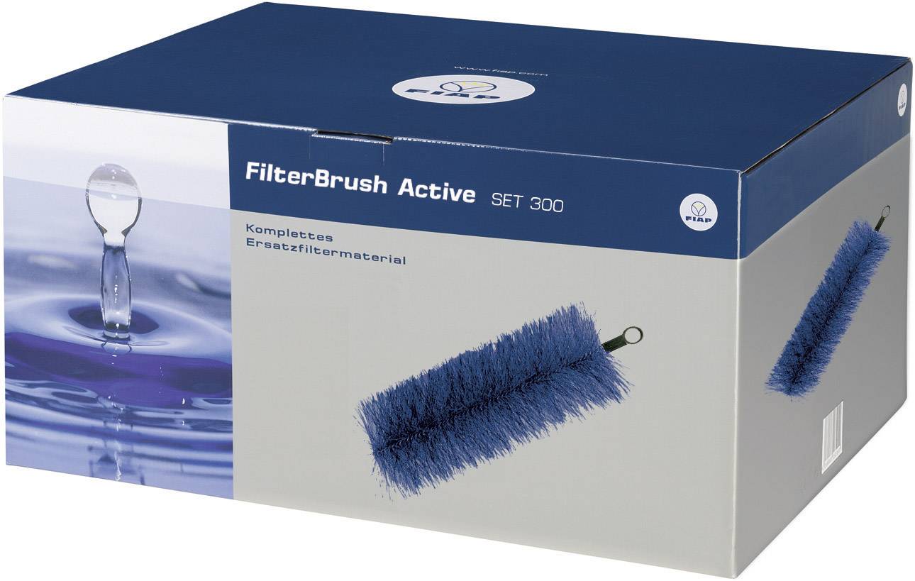 Scatola di cartone blu con la scritta 'FilterBrush Active SET 300'. Immagine di una spazzola filtrante blu e di una goccia d'acqua sul lato anteriore.