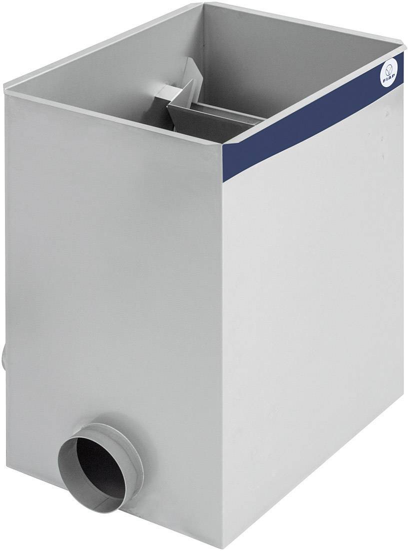 Contenitore rettangolare grigio con un tubo di immissione rotondo sul lato e un condotto interno, probabilmente un separatore.