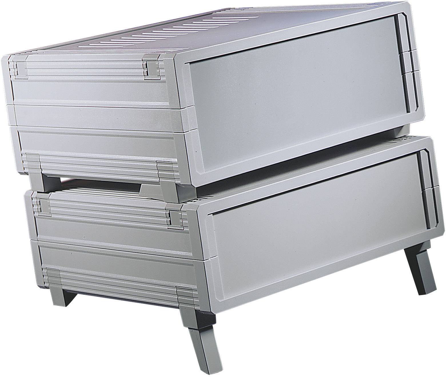 Due contenitori metallici grigi impilabili, con fessure di ventilazione laterali e fronti ribaltabili, poggianti su corti piedini.