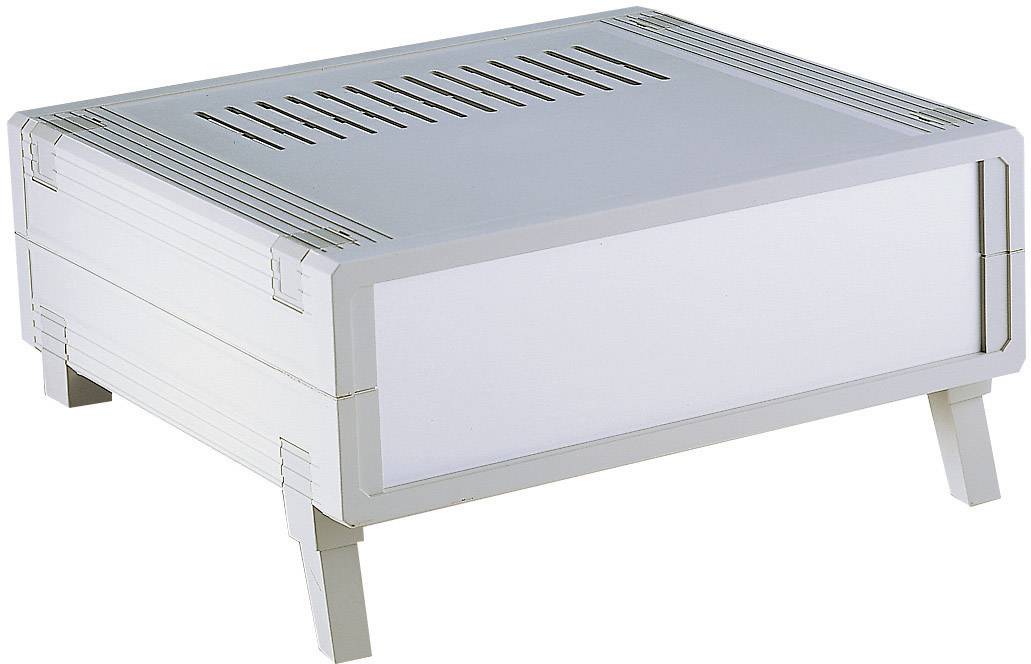 Un involucro rettangolare grigio in plastica con fessure di ventilazione nella parte superiore e corti piedini di supporto.