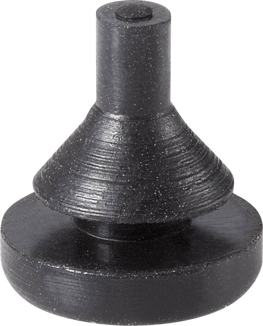 Un tappo nero rotondo in plastica con una parte centrale conica e un'estremità sottile sporgente, utilizzato come chiusura.