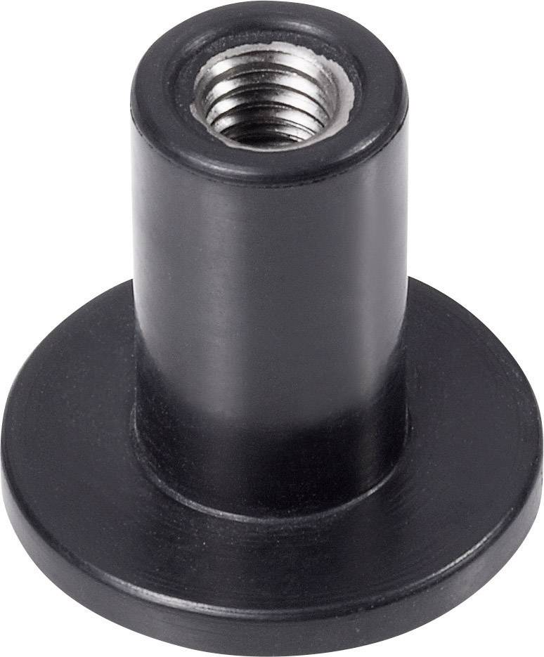 Componente in plastica nera di forma cilindrica con apertura filettata in alto, utilizzata per ospitare viti.