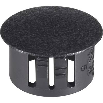 Tappo in plastica nero, rotondo, con fessure laterali, idoneo per coprire aperture.