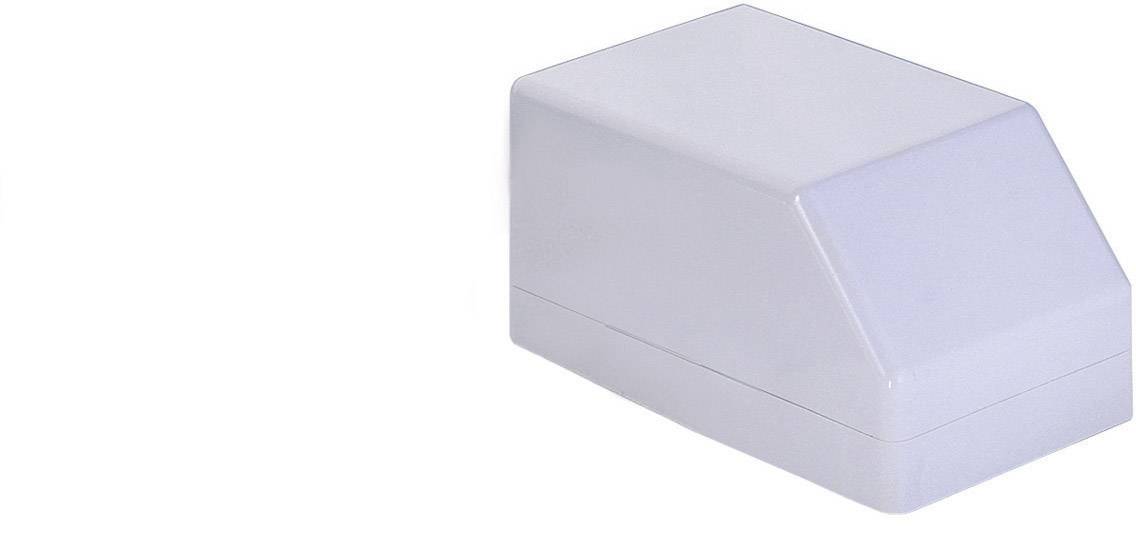 Un involucro rettangolare in plastica grigio chiaro con parte anteriore smussata su sfondo bianco.