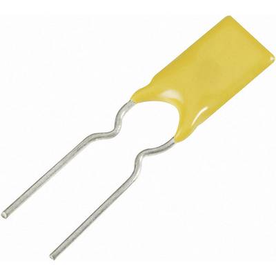 'Resistore PTC giallo con due piedini metallici, utilizzato per proteggere circuiti elettrici dal sovraccarico di corrente.'