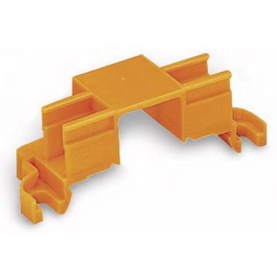 Un clip giallo in plastica per il fissaggio su una guida di montaggio, presumibilmente per applicazioni elettriche o tecniche.