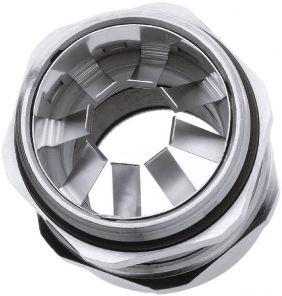 Dado di connessione metallico con scanalature dentate interne, utilizzato per fissare cavi o tubi a macchine e apparecchiature.