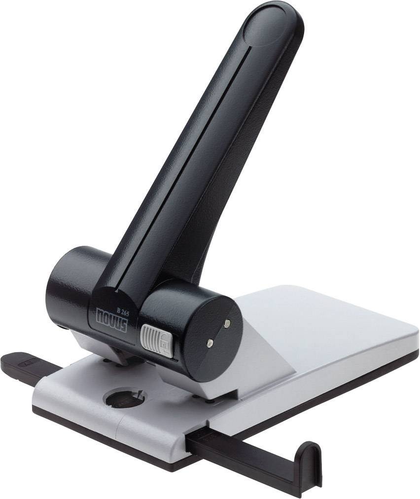 Perforatore con leva nera e base bianca, adatto per uso ufficio.
