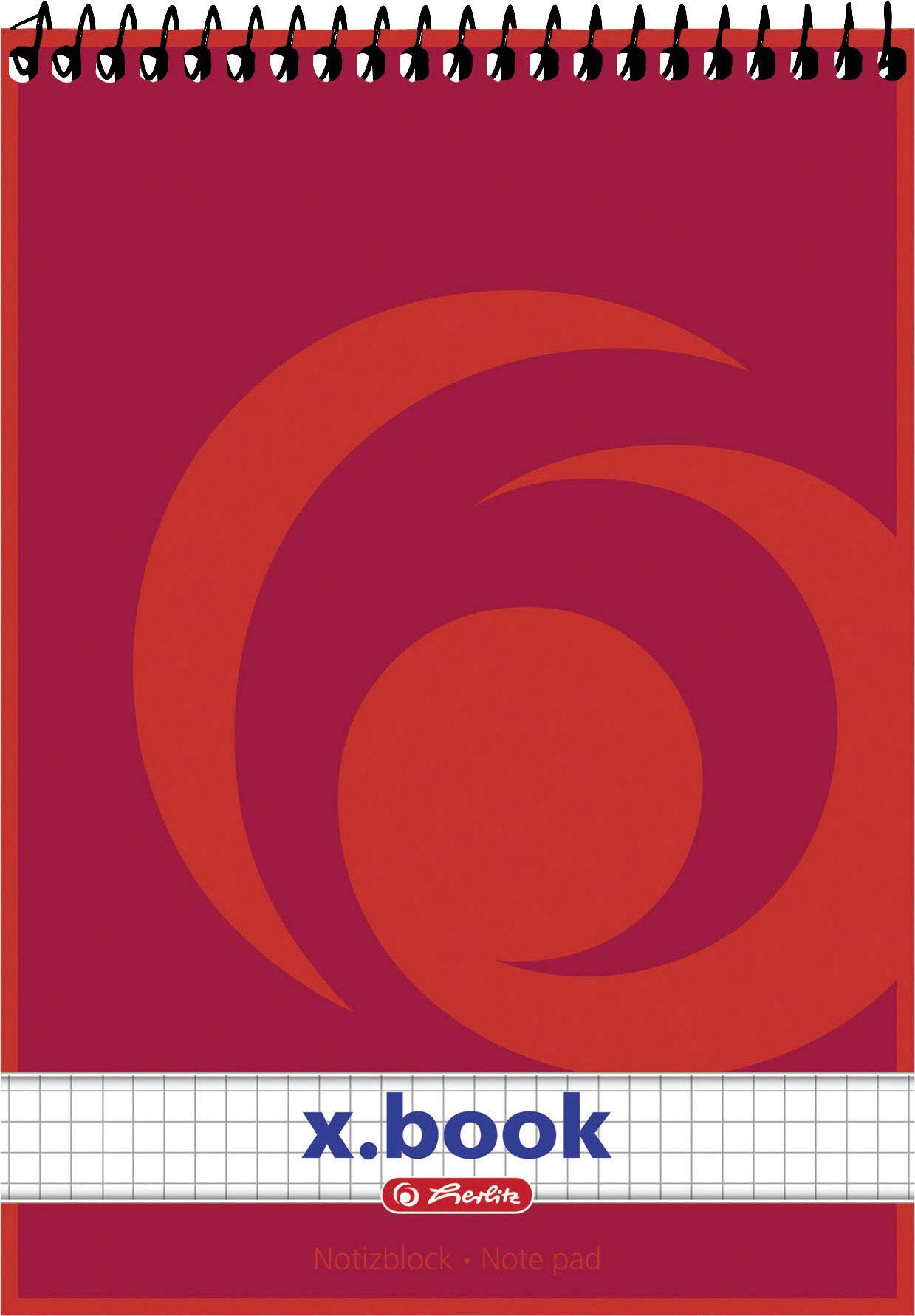 herlitz Spiralnotizblock x-book, DIN A5, 50 Blatt, kariert 60 g-qm, holzfrei, mit rotes Deckblatt, stabiler Karton- (110-0