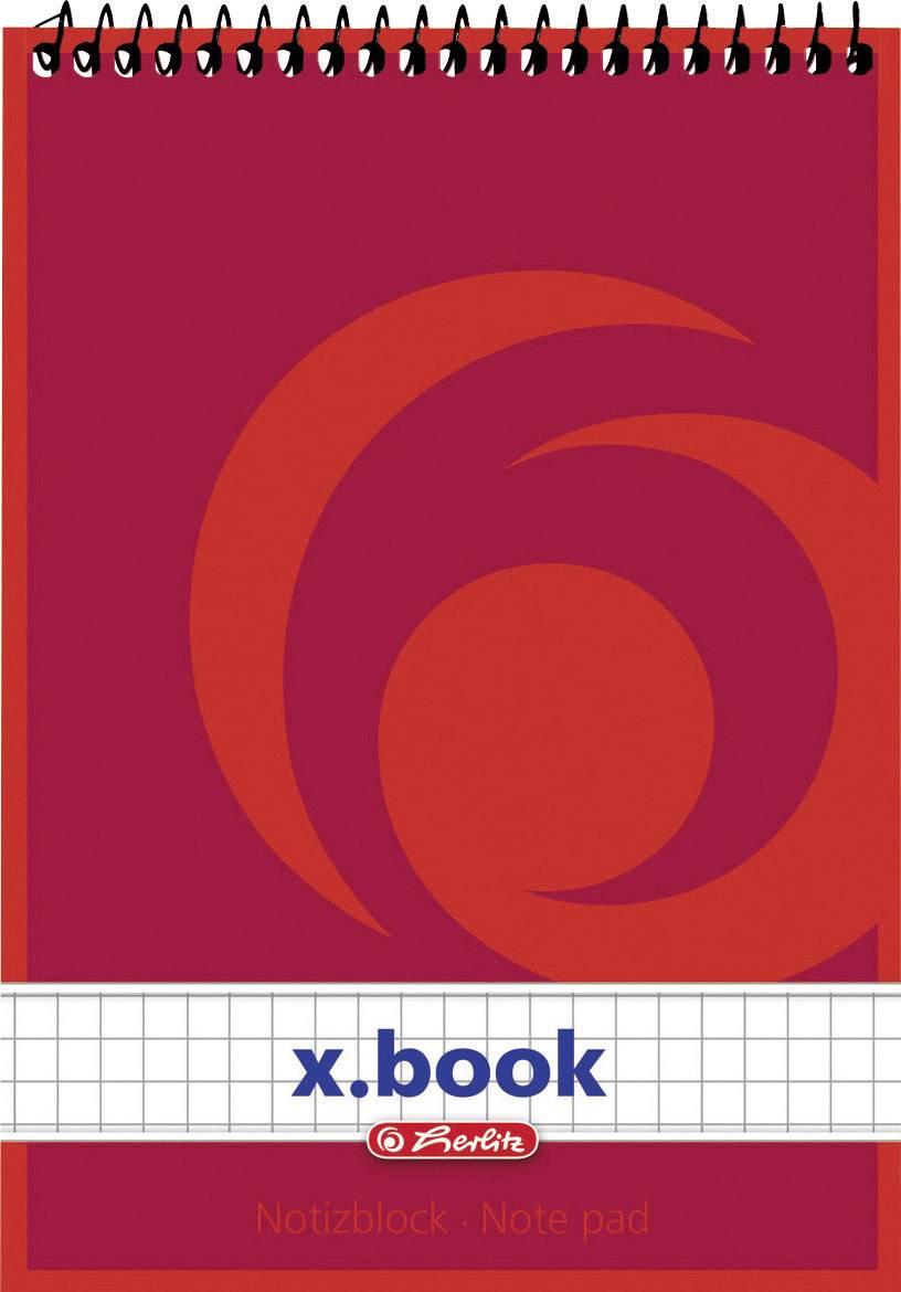 herlitz Spiralnotizblock x-book, DIN A6, 50 Blatt, kariert 60 g-qm, holzfrei, rotes Deckblatt, stabiler Kartonrücken (11-0