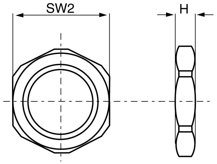 Disegno tecnico di un dado esagonale con misura SW2 per la larghezza e H per l'altezza, mostrata la vista laterale e superiore.