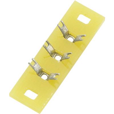 Pezzo isolante giallo con tre morsetti metallici collegati in fila, utilizzato per connessioni elettriche o isolamento.