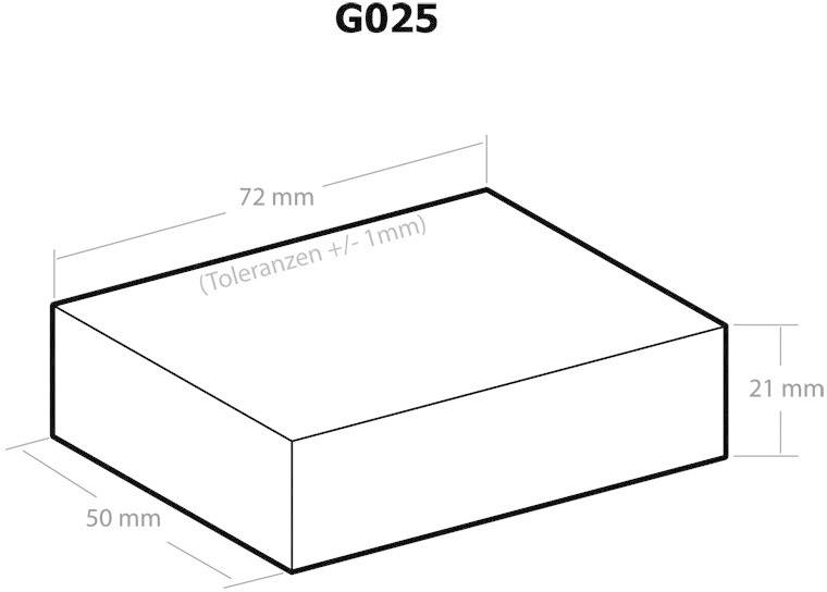 Blocco rettangolare con dimensioni 72 mm x 50 mm x 21 mm. Le tolleranze sono di +/- 1 mm. In alto 'G025' come identificazione.