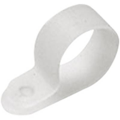 Un clip per cavi bianco in plastica per fissare i cavi alle superfici, con un foro di fissaggio su un lato.