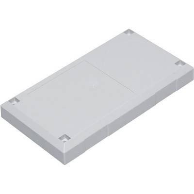 Coperchio rettangolare grigio in plastica con quattro fori per viti agli angoli, potenzialmente idoneo per installazioni elettriche.