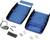 Custodia blu aperta in plastica con schiuma e accessori di montaggio, inclusi viti e morsetto per contatti batteria.