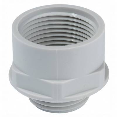 Un raccordo cilindrico grigio in PVC con filettatura, per il collegamento di tubi in impianti idraulici sanitari.