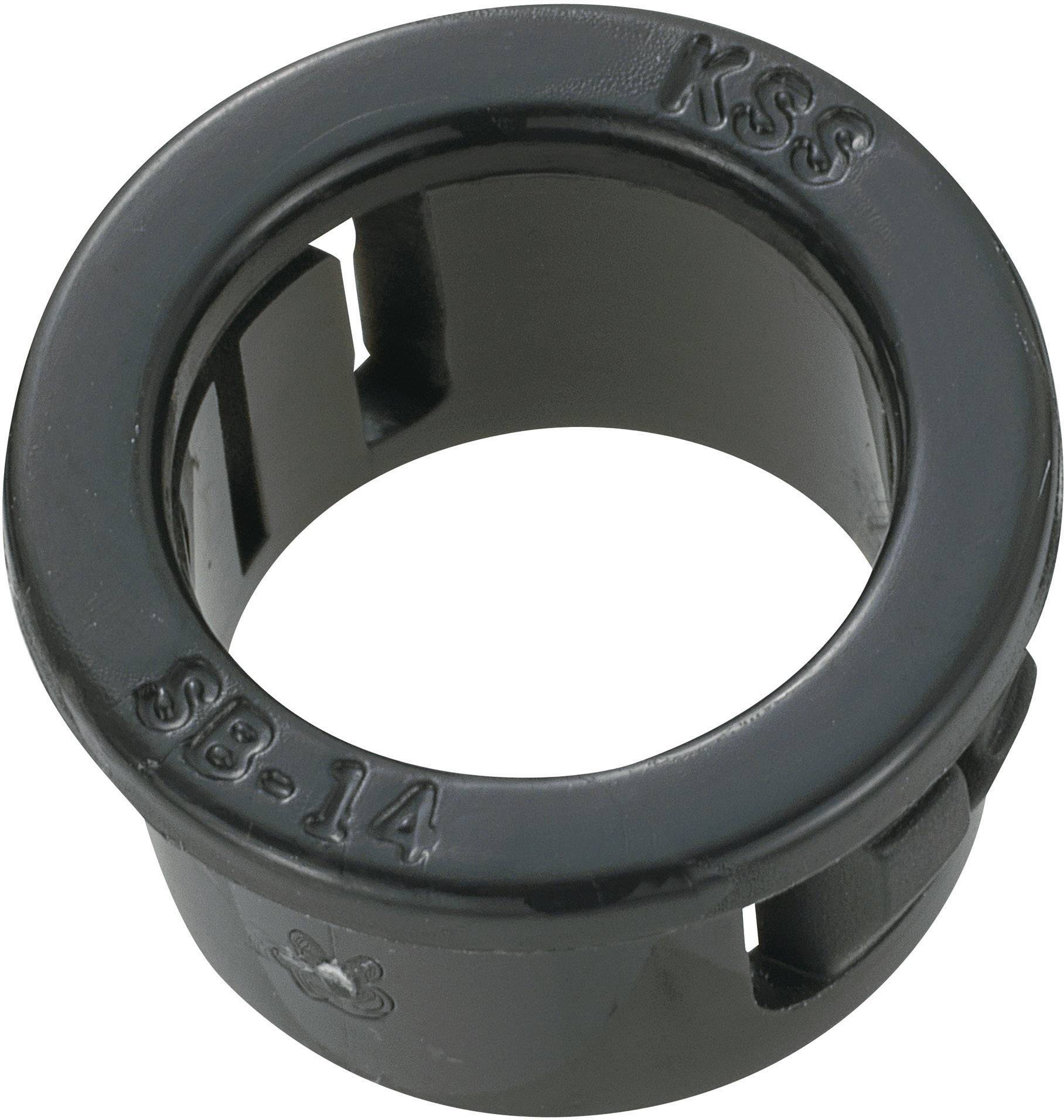 Un anello passacavo nero in plastica, con impressi 'KSS' e 'SB-14', serve per l'organizzazione dei cavi.