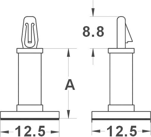 Schizzo tecnico di un componente con frecce e quote: altezza 'A', altezza 8,8 e larghezza 12,5 mm.