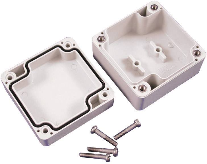 Un contenitore rettangolare in plastica, aperto, con quattro viti allegate. Perfetto per progetti elettronici e connessioni.