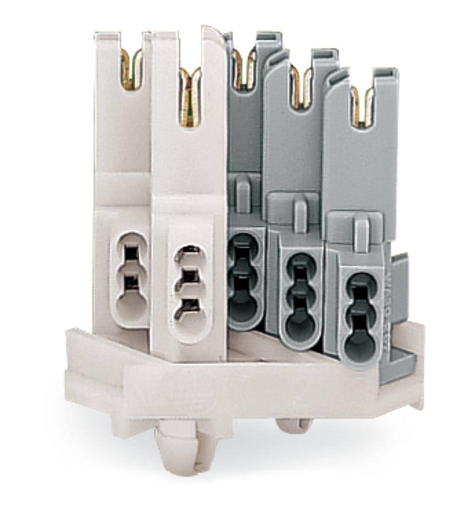 Blocco connettore a quattro poli in beige e grigio, posizionato verticalmente, con diverse possibilità di connessione.