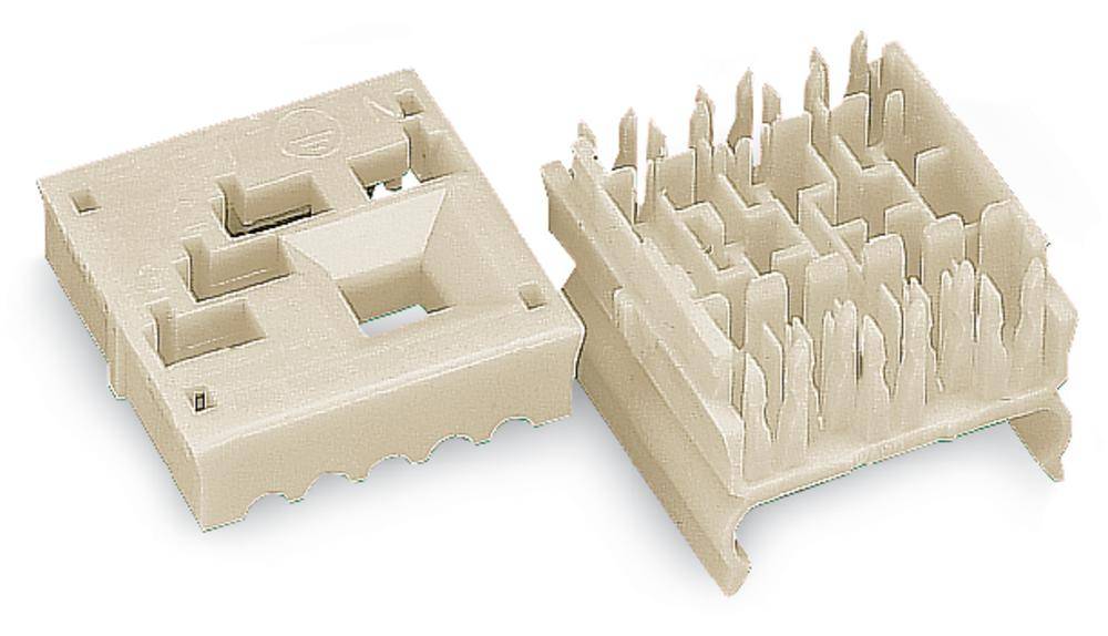 Due componenti in plastica beige che possono incastrarsi l'una con l'altra. A sinistra la base piatta, a destra la corrispondente copertura strutturata.