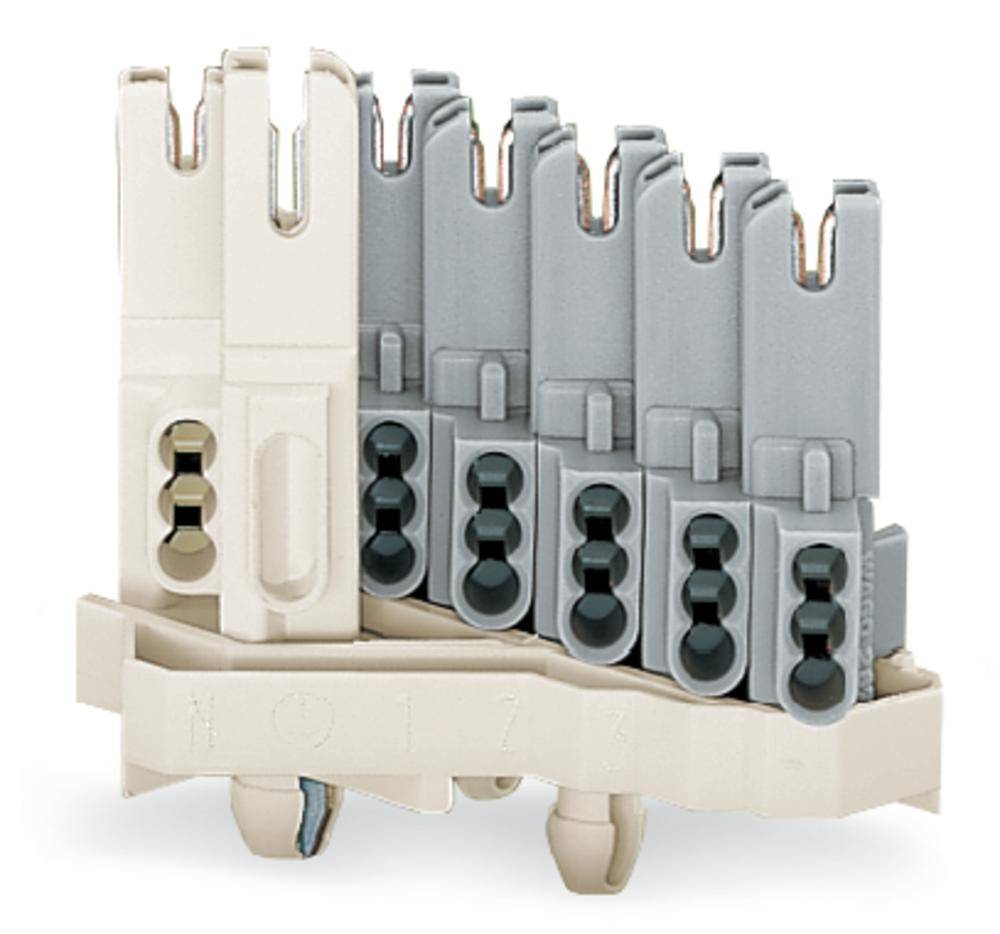 Un connettore multipolare grigio e beige su sfondo bianco, utilizzato per connessioni elettriche.